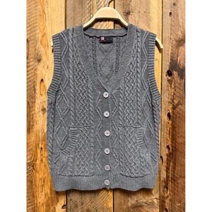 Cable Knit Sweater Vest Womens L Button Front Fisherman Coastal Academia Preppy